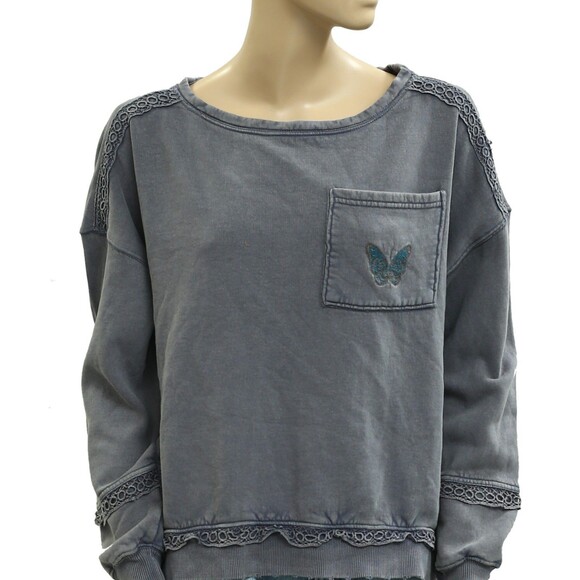 Free People Golden Hour Sweatshirt Top Eyelet Embroidered Oversized XS 280793 - Picture 5 of 8